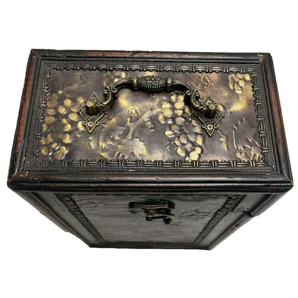 Wood Wine 2 Bottle Holder Hinged Storage Metal Grape Accents Handle Clasp